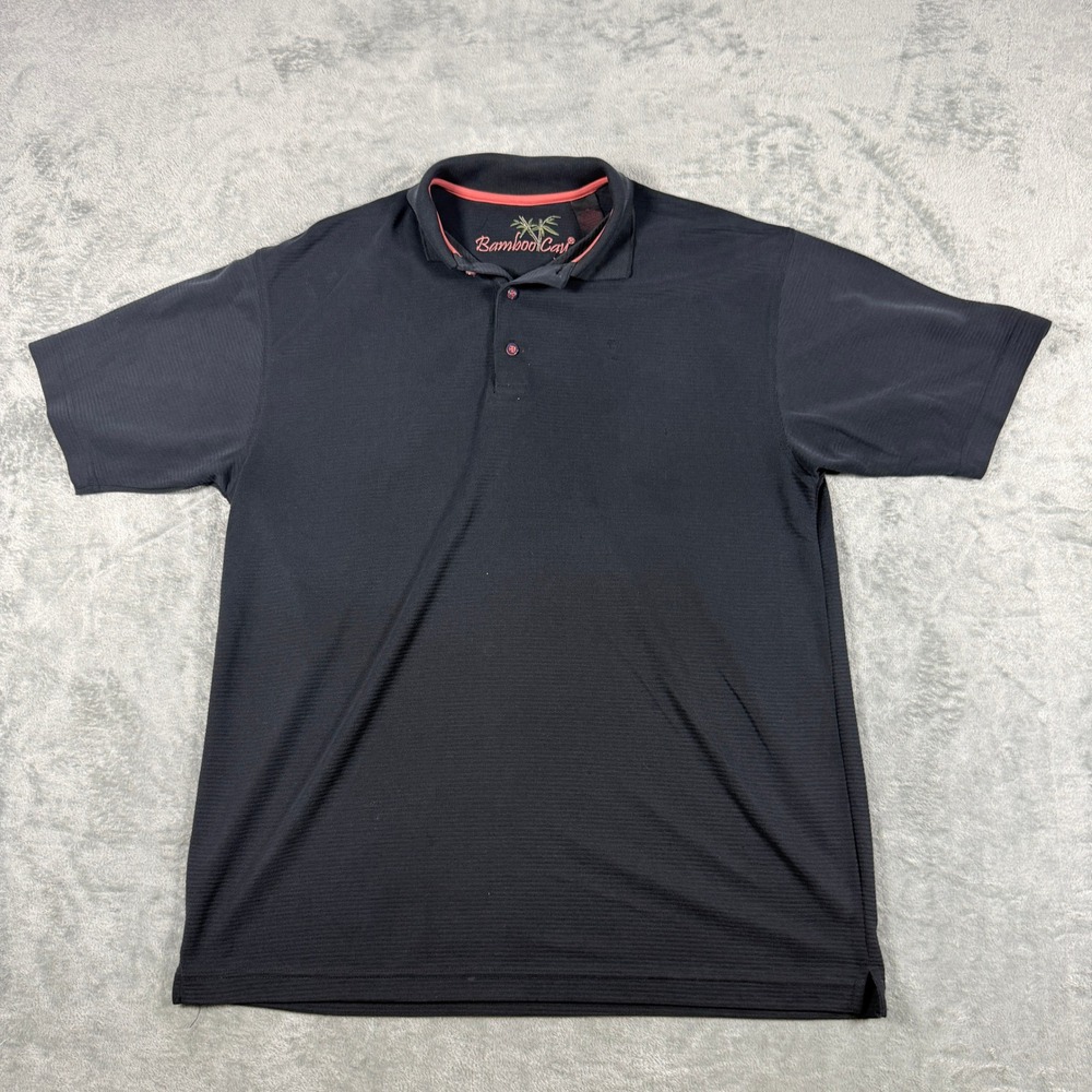 Bamboo Cay Mens Medium Polo Shirt Black Palm Tree Micro  Stripe Short Sleeve